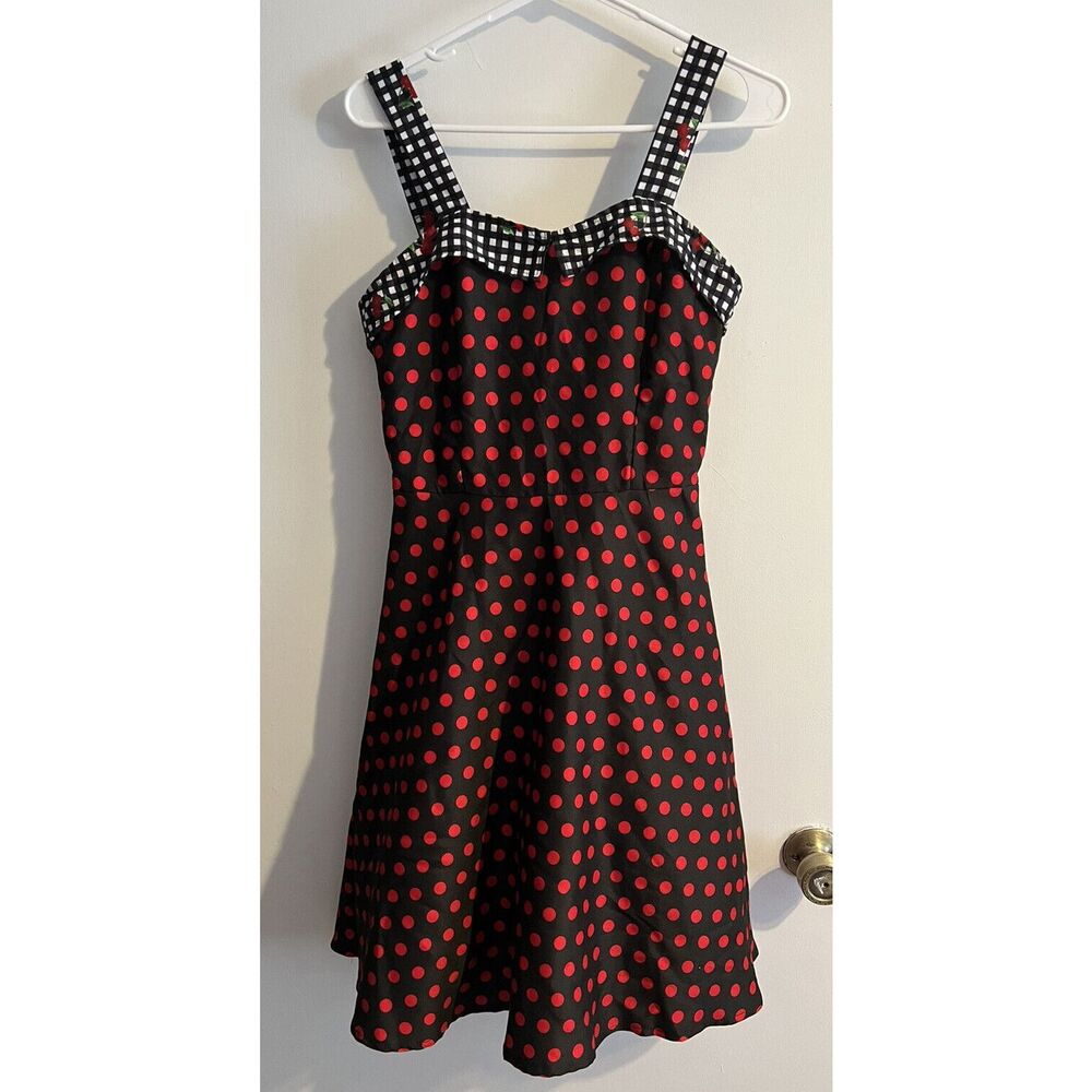 Black & Red Polka Dot Mini Dress with Gingham Trim